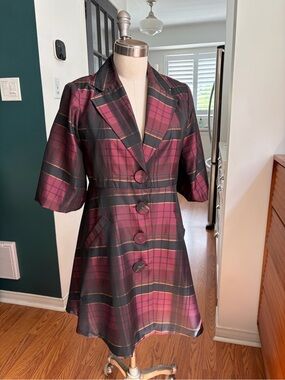 Puli Burgundy and Black Plaid Short-Sleeve Blazer Coat dress